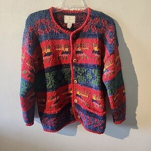 VTG 90s Express Tricot Chunky Hand Knit Wool Cardigan M/L Aztec